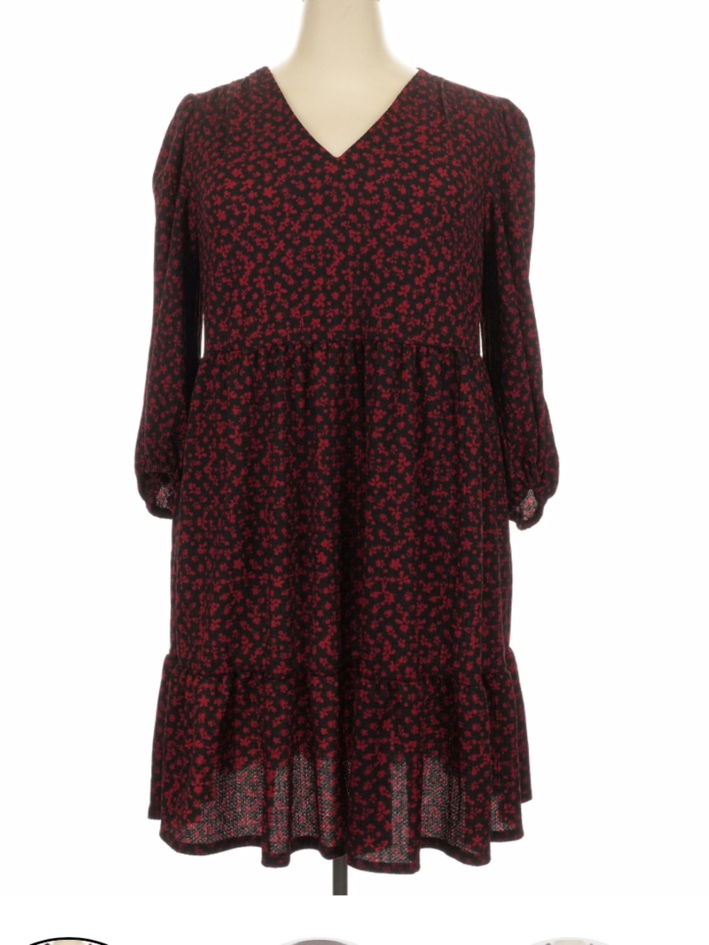 Sandra Darren Black Dress with Red Floral Print - V-Neck Long Sleeve
